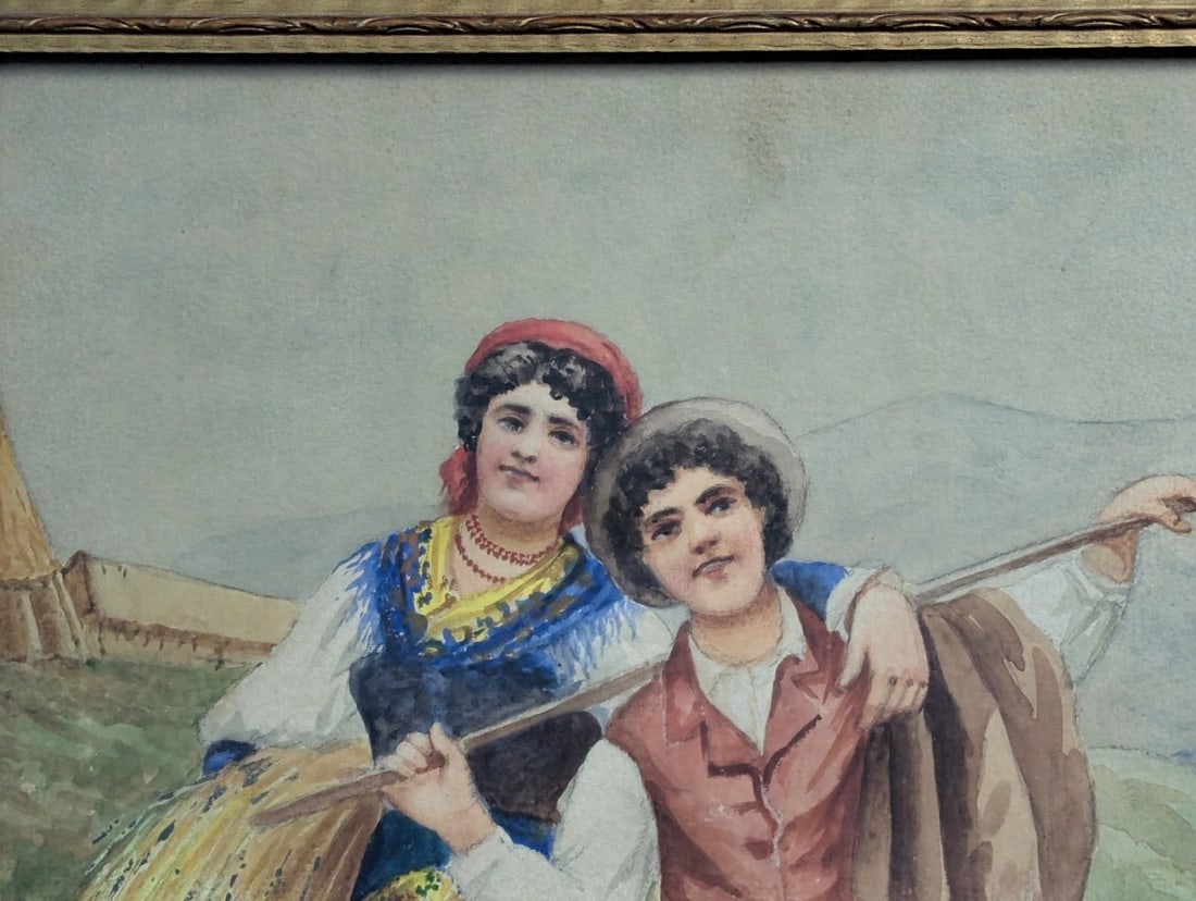 Antonio Coppola Neapolitan Genre Watercolor Painting Framed Under Glass - 3