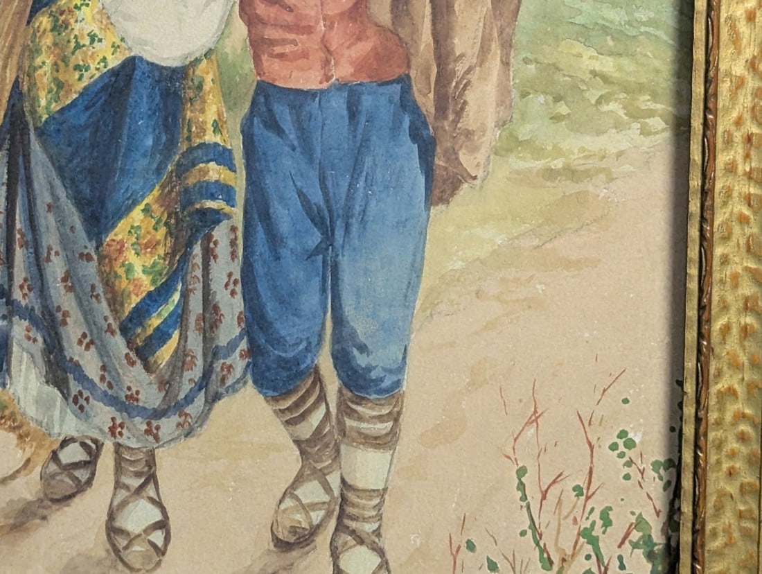 Antonio Coppola Neapolitan Genre Watercolor Painting Framed Under Glass - 5