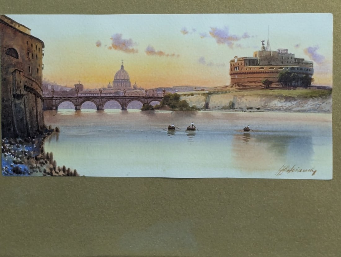 Framed Watercolor by Federico Schianchi of Rome Castle and Basilica - 2