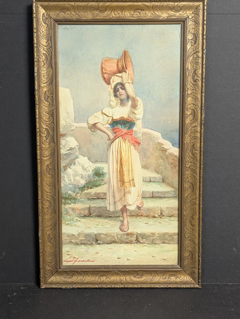 Rare E Fiorentino Watercolor Neapolitan Water Carrier Full Body Portrait: **Important** Please read below description on how to avoid high shipping costs. This exquisite artwork, measuring 14 3/4 x 25 1/4 inches framed, features a captivating watercolor by E. Fiorentino,