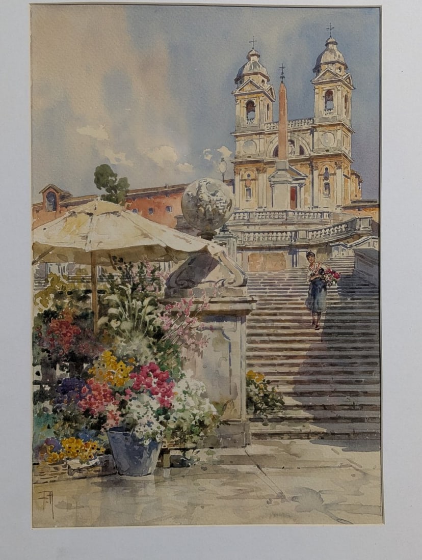 Framed Watercolor by Filippo Anivitti TrinitÃ dei Monti Italian Art - 2