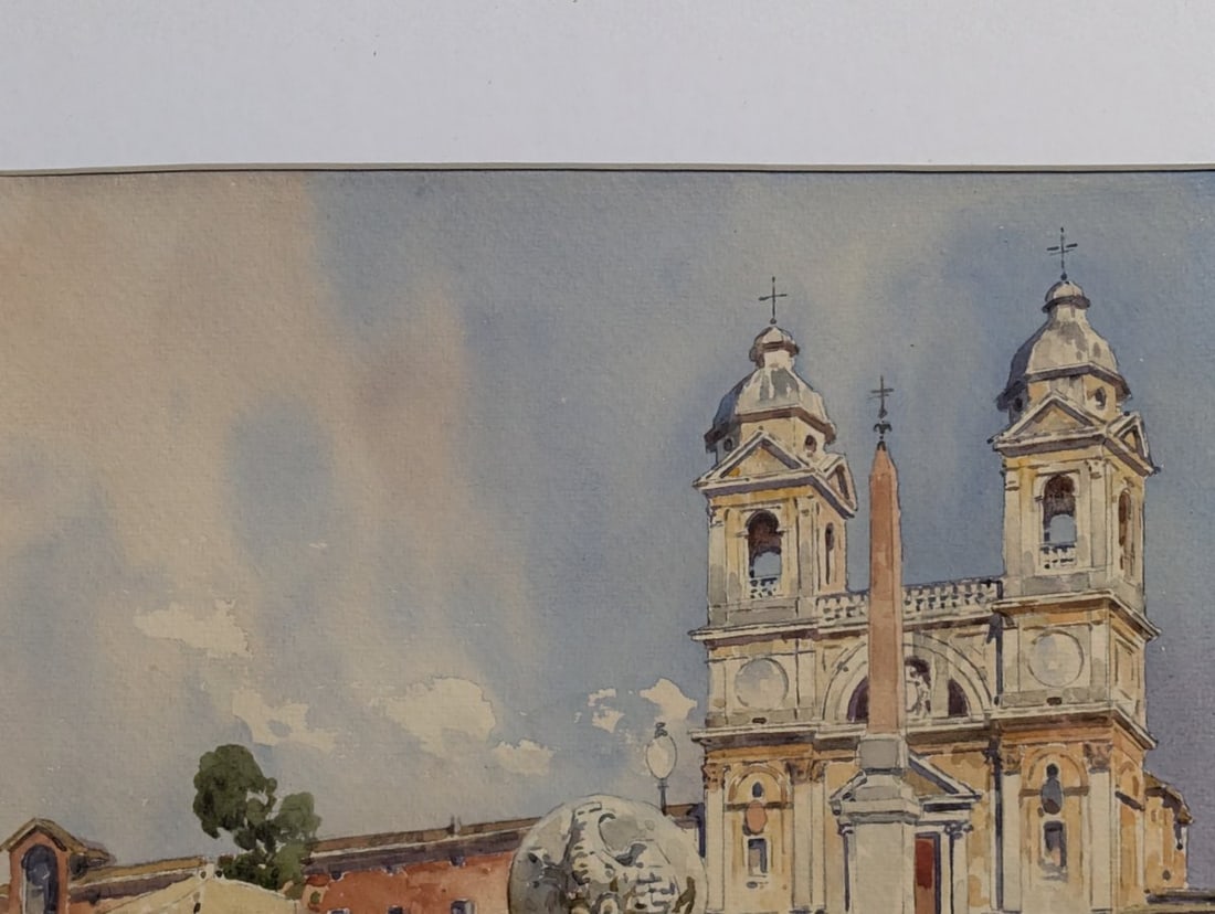 Framed Watercolor by Filippo Anivitti TrinitÃ dei Monti Italian Art - 3