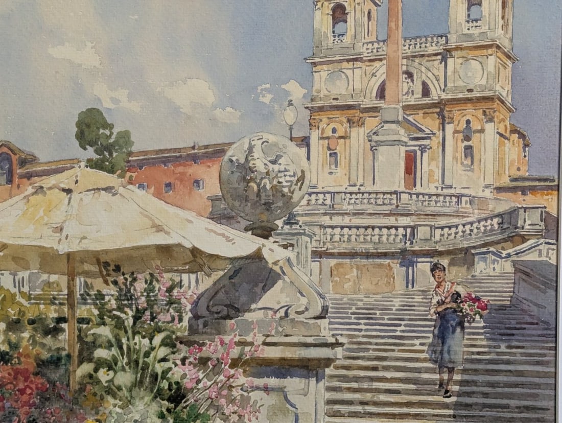 Framed Watercolor by Filippo Anivitti TrinitÃ dei Monti Italian Art - 4