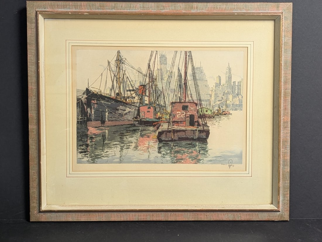 Hans Figura Etching Manhattan Docks Brooklyn Signed Art: **Important** Please read below description on how to avoid high shipping costs. This striking etching by Hans Figura, titled 'Manhattan as Seen from the Docks of Brooklyn', captures a historical view