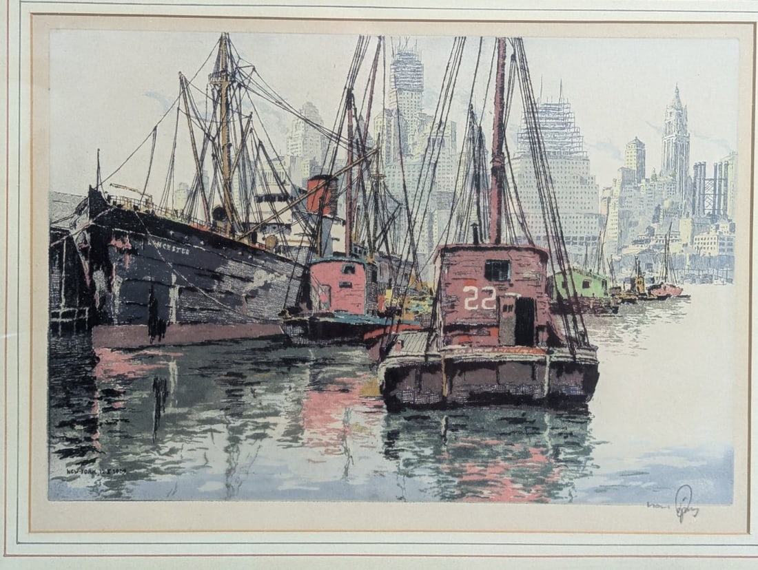 Hans Figura Etching Manhattan Docks Brooklyn Signed Art - 2