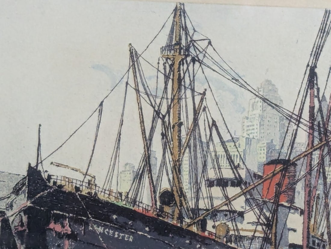 Hans Figura Etching Manhattan Docks Brooklyn Signed Art - 3