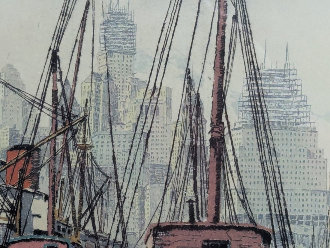 Hans Figura Etching Manhattan Docks Brooklyn Signed Art - 4