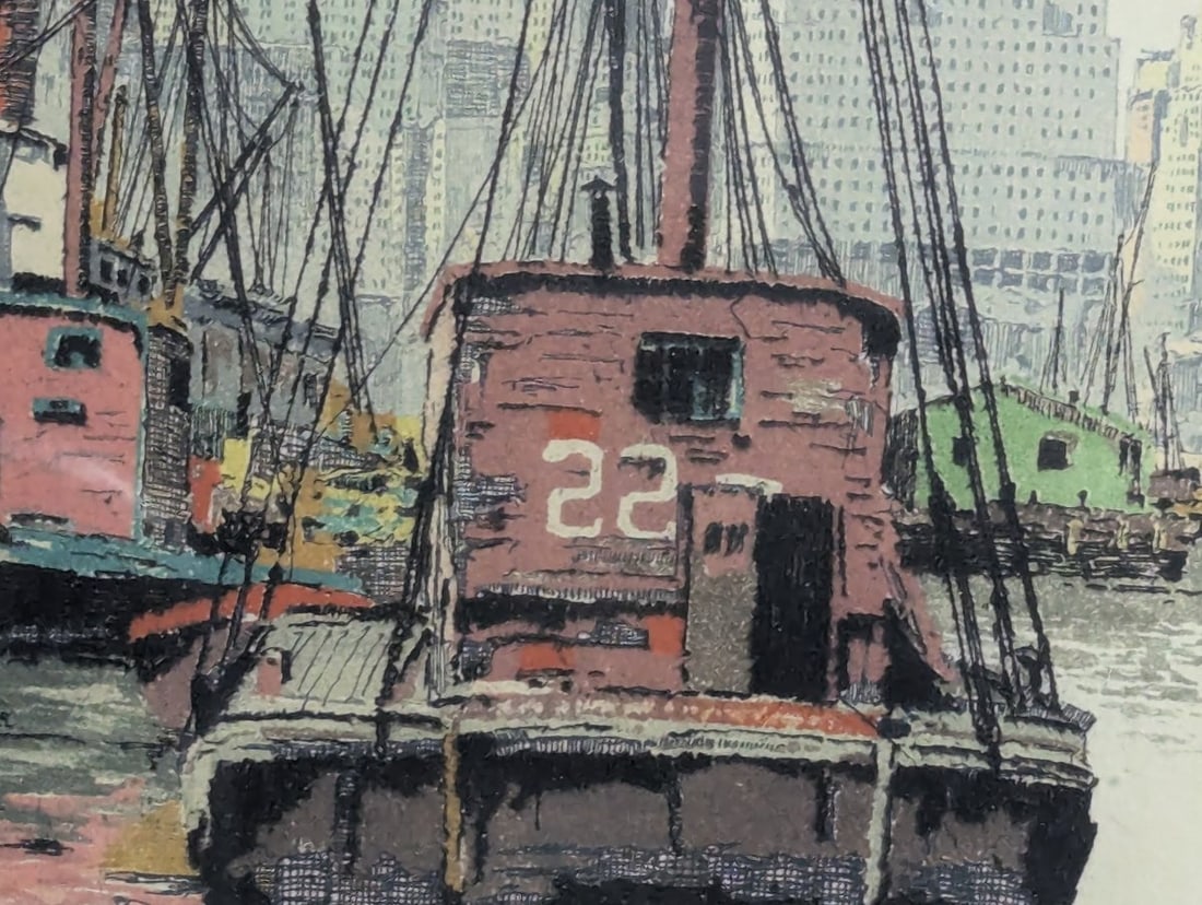 Hans Figura Etching Manhattan Docks Brooklyn Signed Art - 7