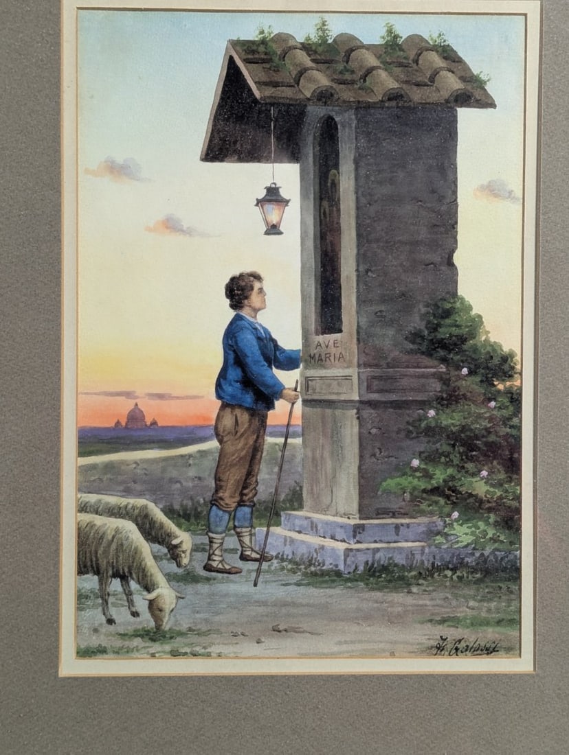 Charming Early 20th Century Watercolor by F. Galassi Shepherd at Shrine - 2