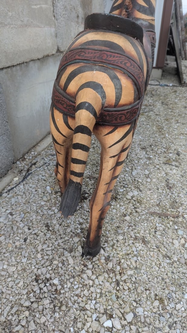 Large Hand-Carved Painted Wooden Carousel Zebra Sculpture - 12