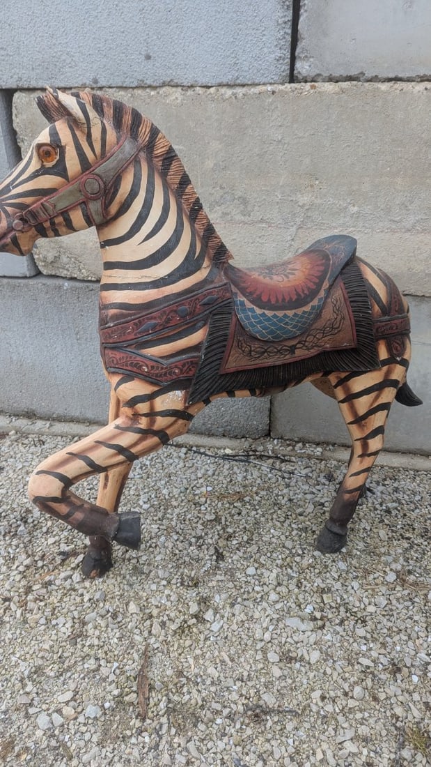 Large Hand-Carved Painted Wooden Carousel Zebra Sculpture - 2