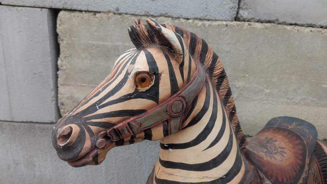 Large Hand-Carved Painted Wooden Carousel Zebra Sculpture - 3
