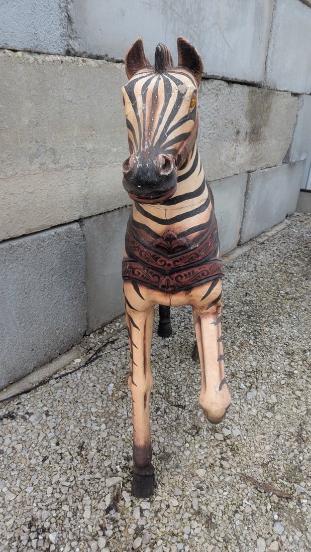 Large Hand-Carved Painted Wooden Carousel Zebra Sculpture - 6