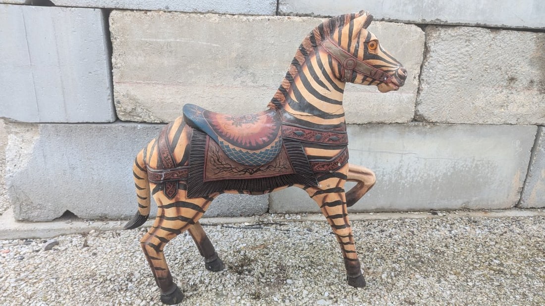 Large Hand-Carved Painted Wooden Carousel Zebra Sculpture - 7