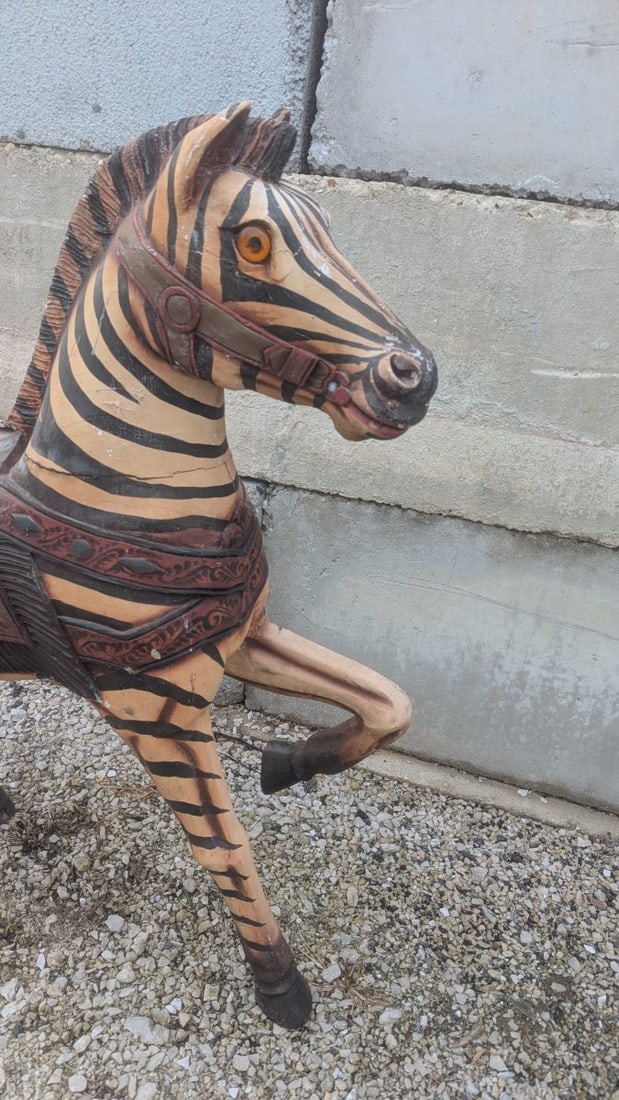 Large Hand-Carved Painted Wooden Carousel Zebra Sculpture - 8