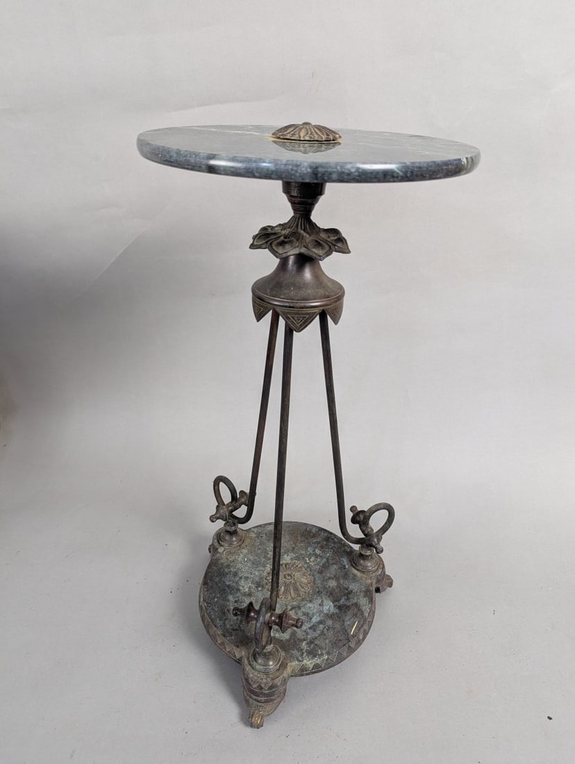 Antique Bronze Marble Gueridon Table Neo-Classical Pompeian Revival: **Important** Please read below description on how to avoid high shipping costs. Presenting an exquisite antique bronze and marble GuÃ©ridon table, showcasing a height of 26 inches and a dia