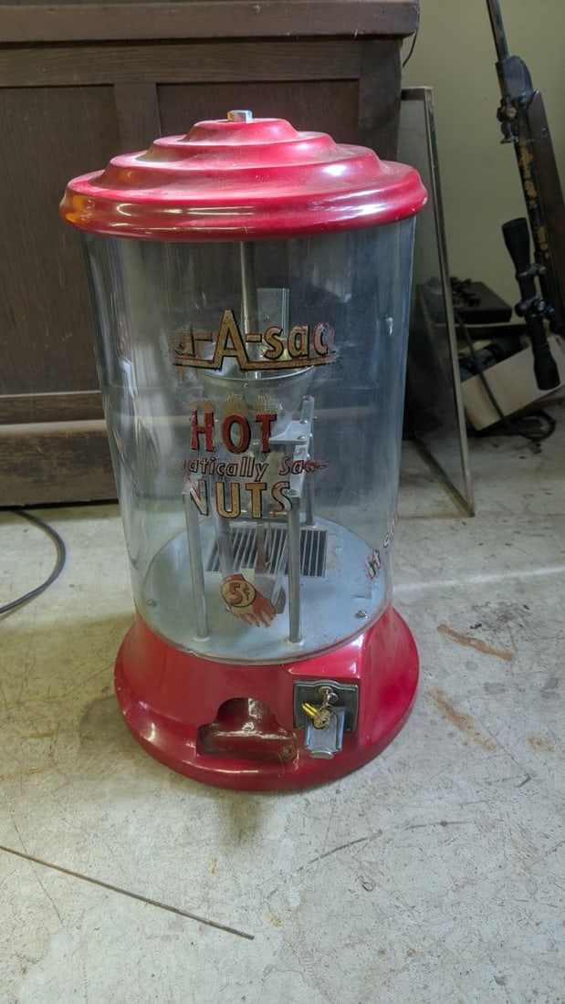 Vintage Mar-A-Sac Hot Nuts Dispenser Retro Snack Machine: **Important** Please read below description on how to avoid high shipping costs. Explore this Vintage Mar-A-Sac Hot Nuts Dispenser, a nostalgic piece showcasing the charm of mid-20th century vending m