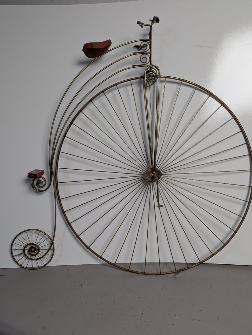 Vintage Penny-Farthing Metal Bicycle Wall Art Sculpture Unique Decor Piece: **Important** Please read below description on how to avoid high shipping costs. Enhance your space with this stunning wire penny-farthing bicycle wall art, measuring 44 x 43 x 6 inches. This piece sh