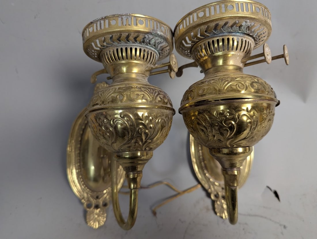 Vintage Duplex Brass Wall Sconces Pair Antique Lighting Decorative Fixtures: **Important** Please read below description on how to avoid high shipping costs. Enhance your decor with this stunning pair of brass wall sconces, each measuring 10 high x 4 1/2 x 12 each. While