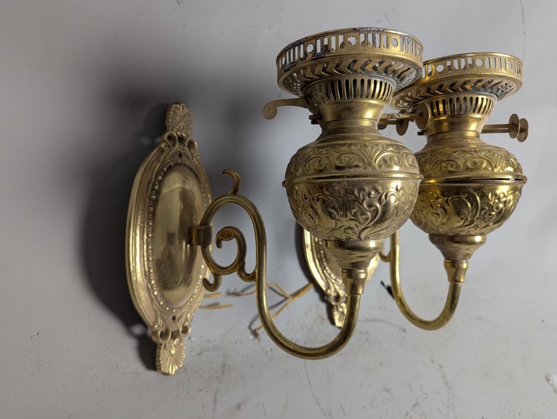 Vintage Duplex Brass Wall Sconces Pair Antique Lighting Decorative Fixtures - 2