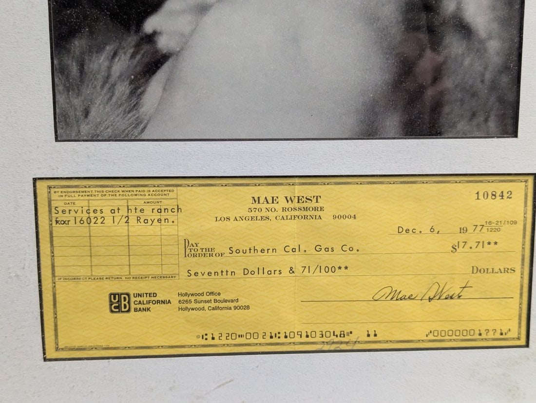 Framed Mae West Signed Check and Photograph Display Iconic Collectible - 3
