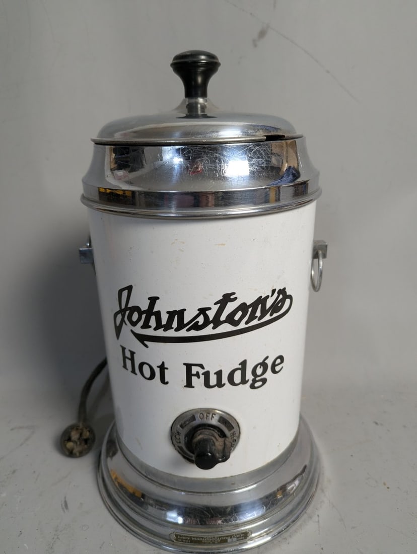 Vintage Johnston's Hot Fudge Warmer Collectible Soda Fountain Item: **Important** Please read below description on how to avoid high shipping costs. Up for auction is a nostalgic vintage Johnston's Hot Fudge Warmer, measuring 15 high x 9 diameter. This unique piece sh