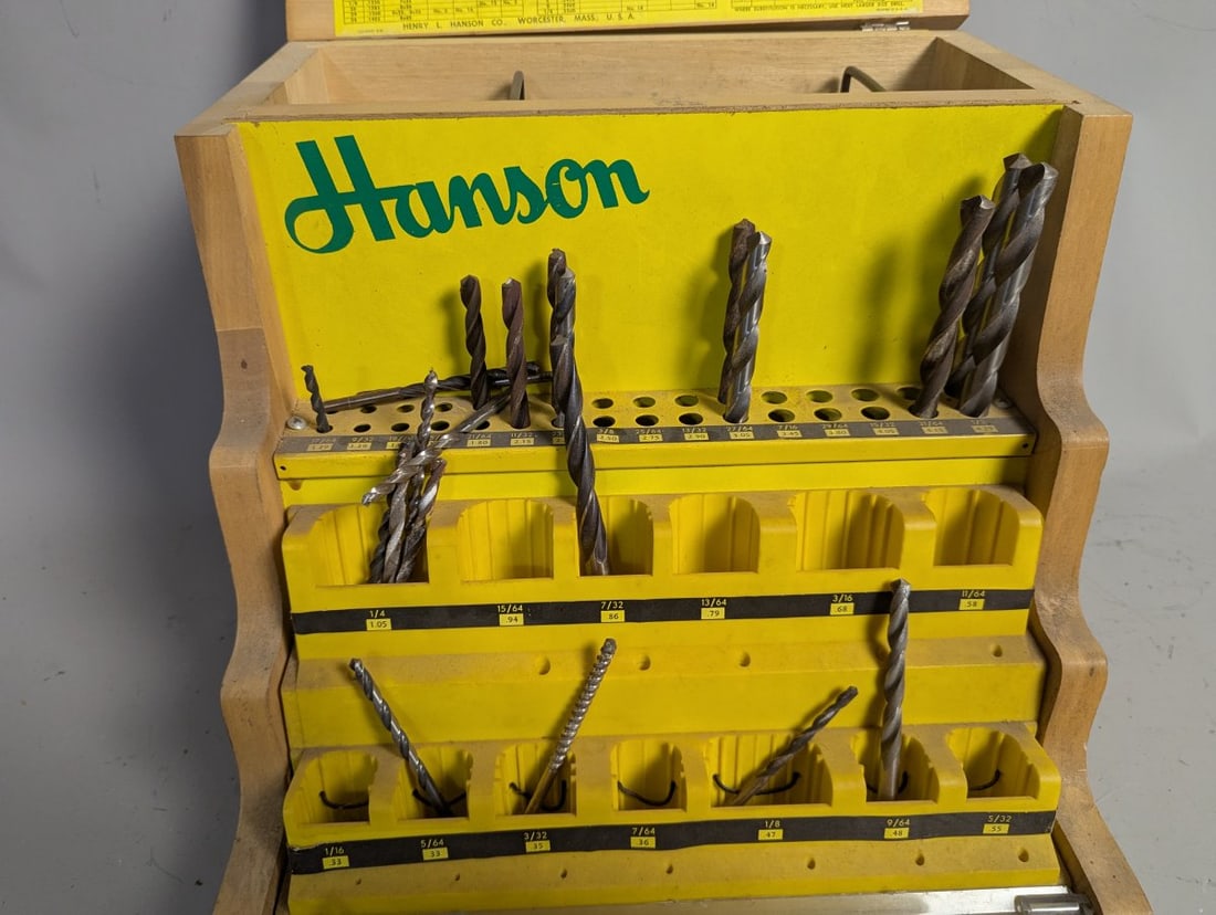 Vintage Hanson High Speed Jobber Drills Wood Display Case with Bits - 2