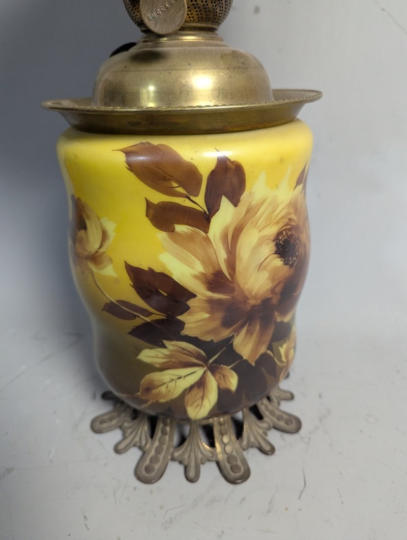 Antique Kerosene Lamp Hand Painted Floral P&A MFG Co Success Burner - 6