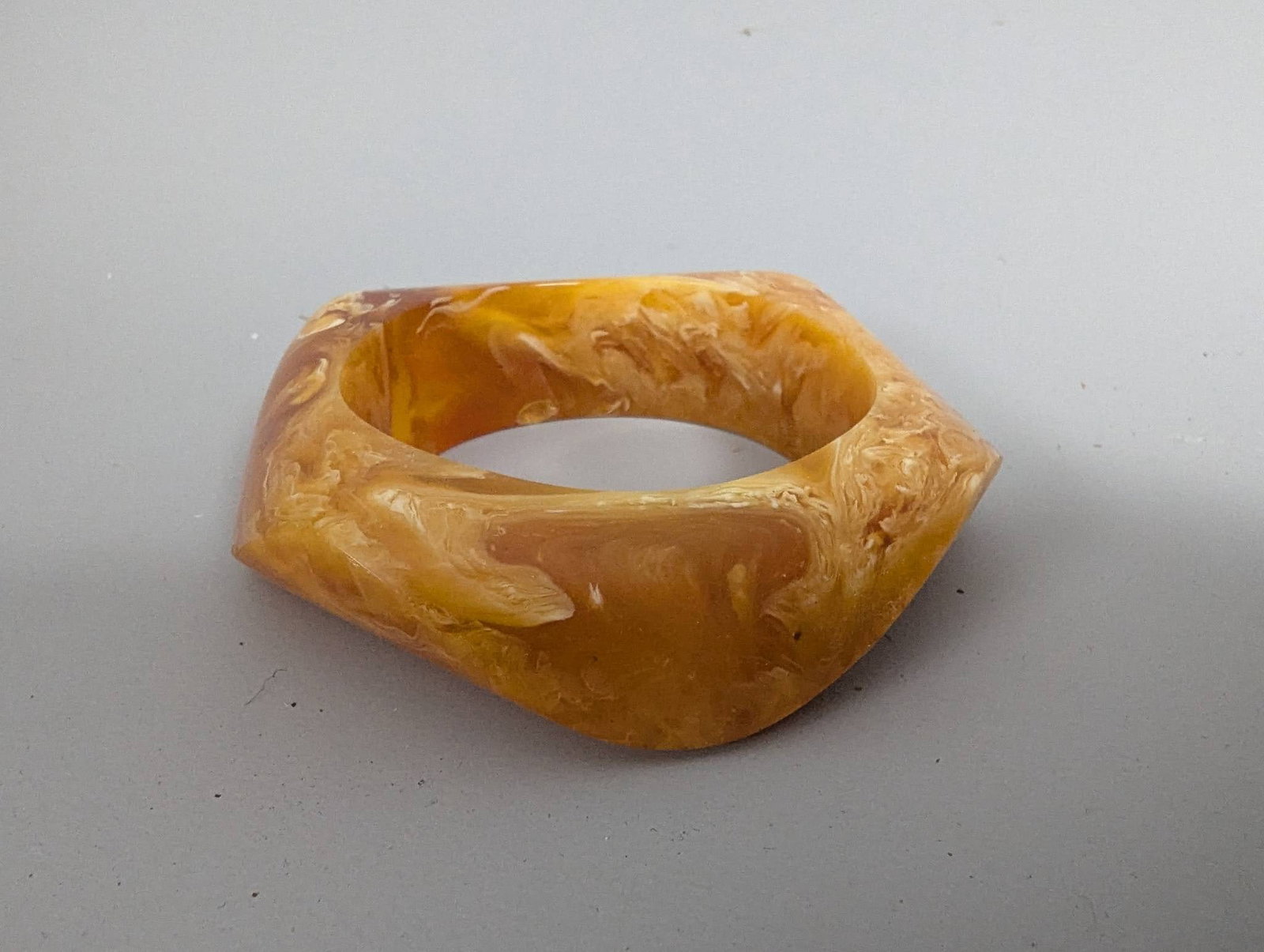 Vintage Yellow Marbled Lucite Bangle Bracelet with Asymmetrical Shape - 2