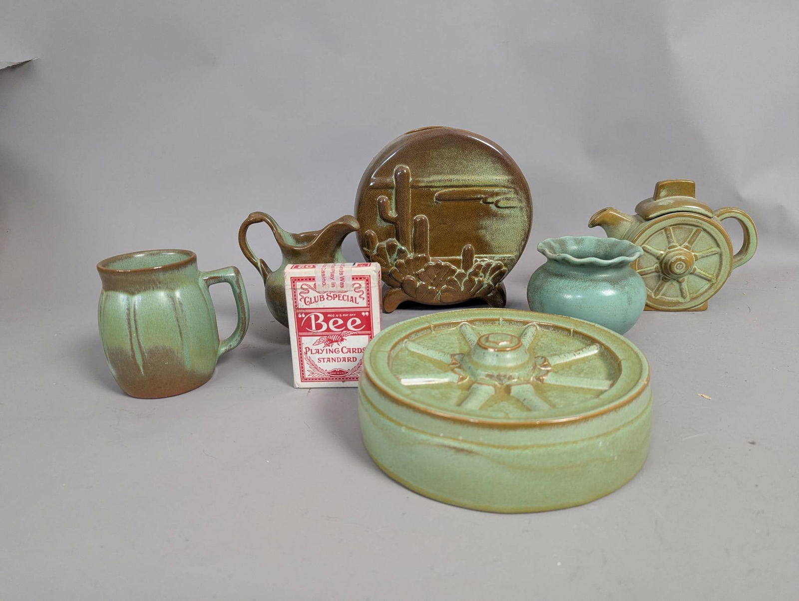 6 Art Pottery Items by Frankoma in Green and Brown Glaze - 2