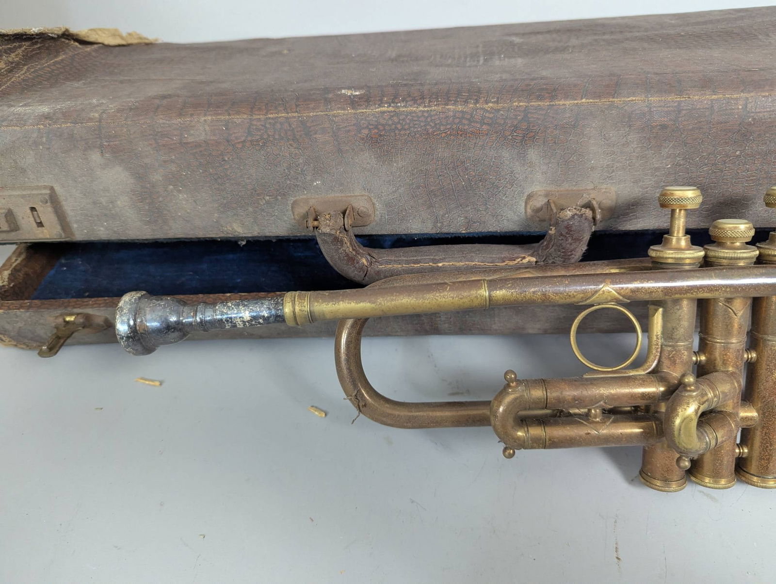 Antique Brass Trumpet with Silver Plate Mouthpiece and Case - 3