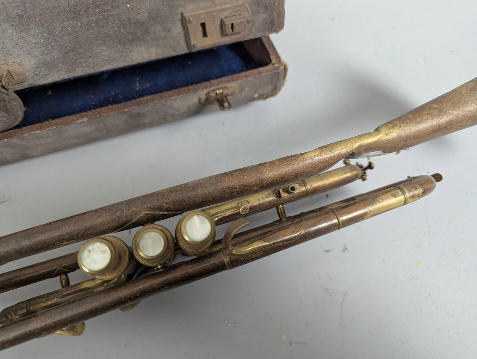 Antique Brass Trumpet with Silver Plate Mouthpiece and Case - 4