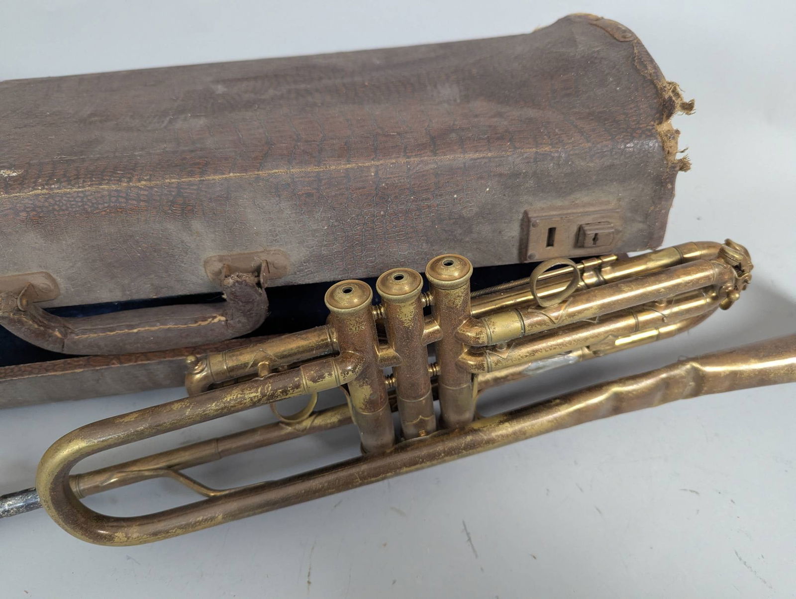 Antique Brass Trumpet with Silver Plate Mouthpiece and Case - 6