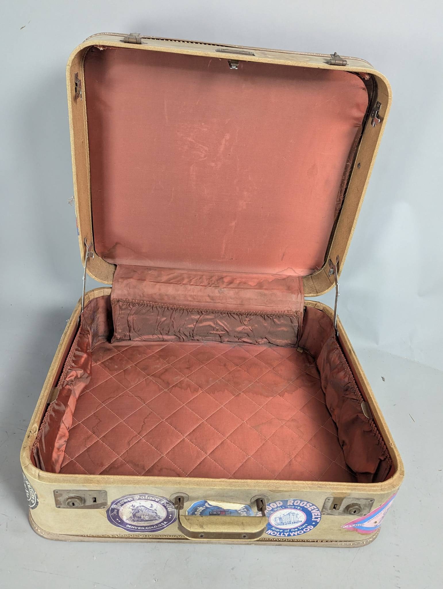 Vintage Travel Suitcase with Hotel Stickers - 8