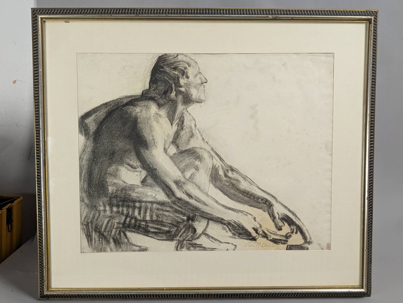 Charcoal on Paper by Thomas Pollock Anshutz Depicting a Crouching Male Figure: **Important** Please read below description on how to avoid high shipping costs. Charcoal on paper artwork by Thomas Pollock Anshutz, known for his role as an American painter and influential art