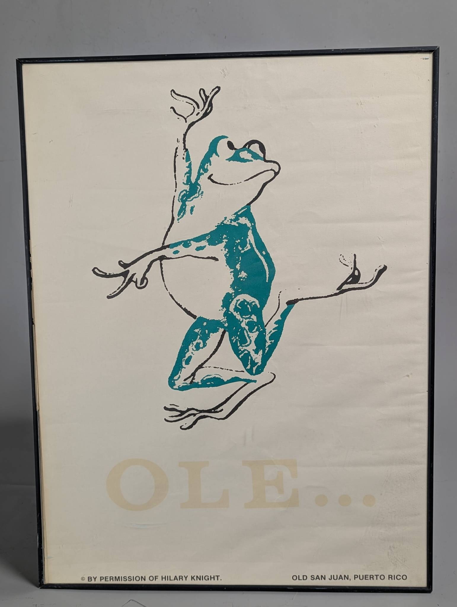 Hilary Knight Ole Frog Print Depicting Dancing Frog and Old San Juan Puerto Rico Text: **Important** Please read below description on how to avoid high shipping costs. Vintage Hilary Knight print titled Ole, featuring a stylized image of a dancing frog. The piece references Old San Juan
