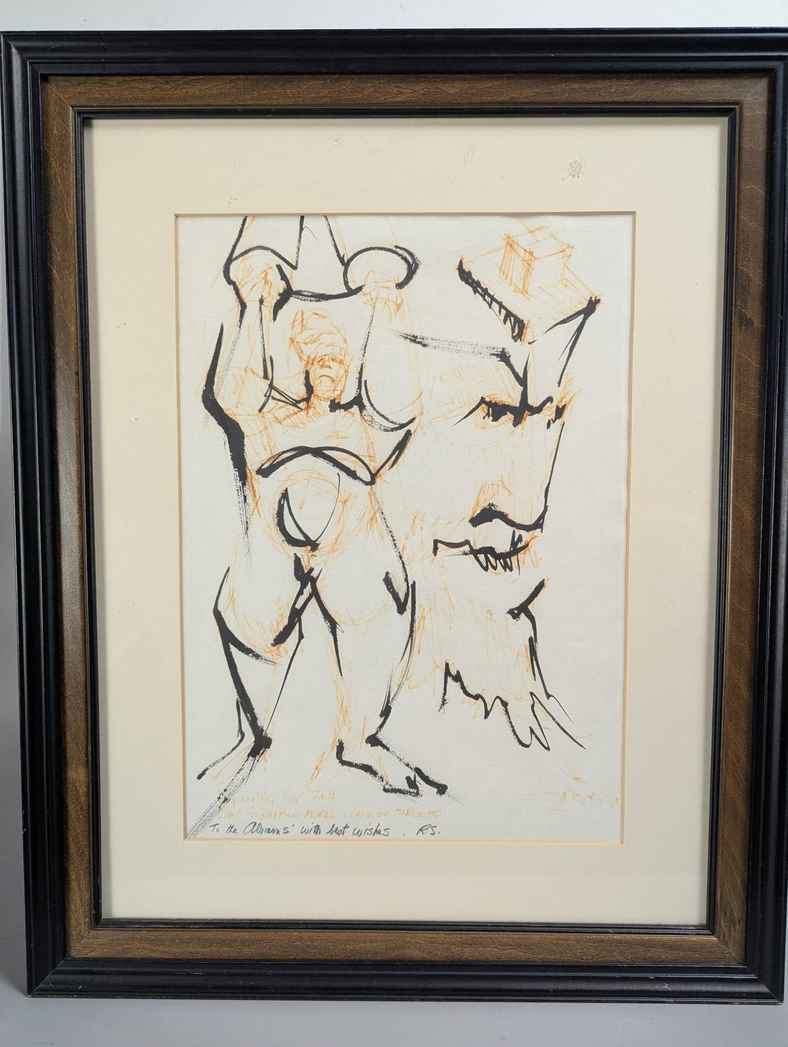 Abstract Ink Drawing by Willem de Kooning: **Important** Please read below description on how to avoid high shipping costs. Attributed to Willem de Kooning. An ink drawing with light orange color highlights rendered on paper, featuring a bold,