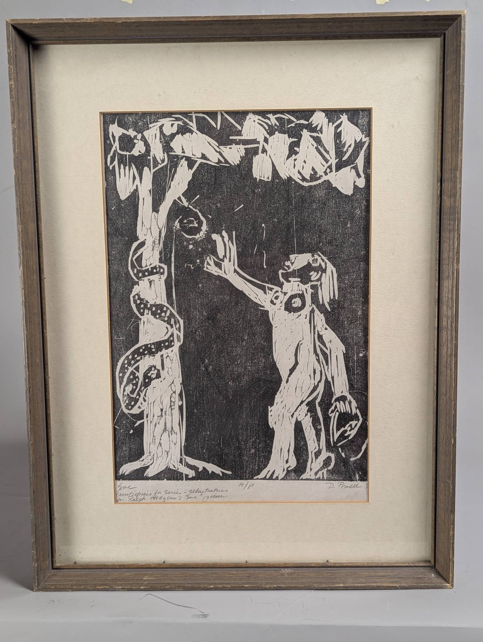 Woodblock Print Depicting Adam and Eve in Garden of Eden: **Important** Please read below description on how to avoid high shipping costs. A framed woodblock print measuring 19 inches high by 25 inches wide, with an image size of 12 inches high by 18 inches