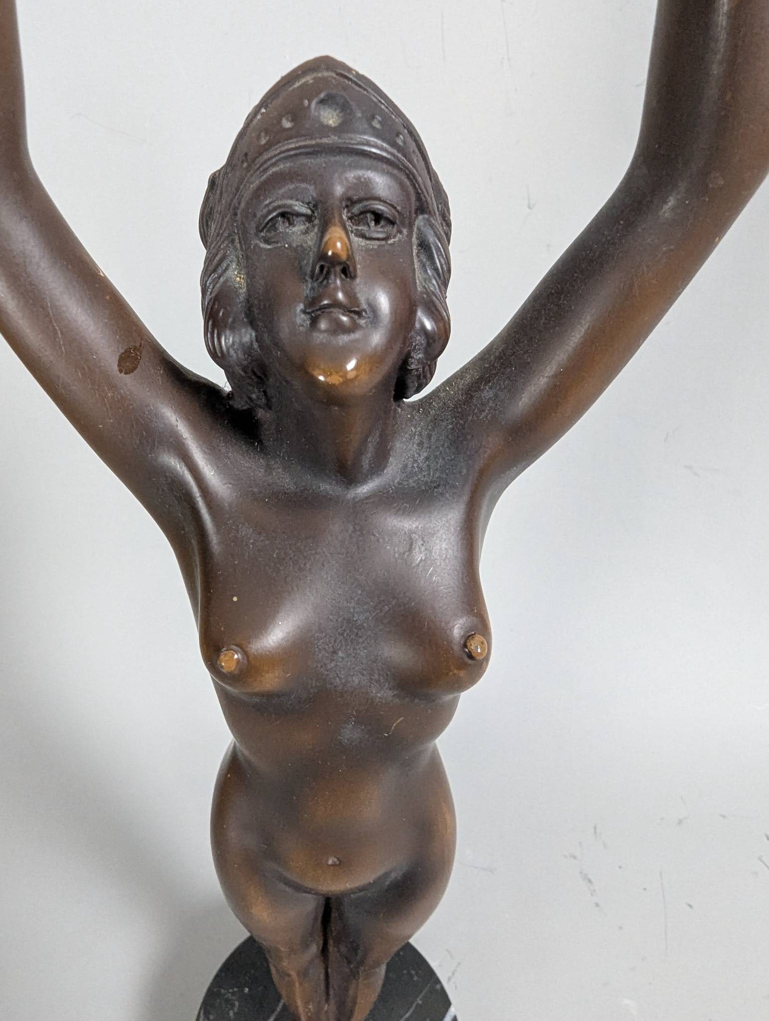 Bronze Sculpture of Nude Woman with Outstretched Arms on Black Marble Base - 2