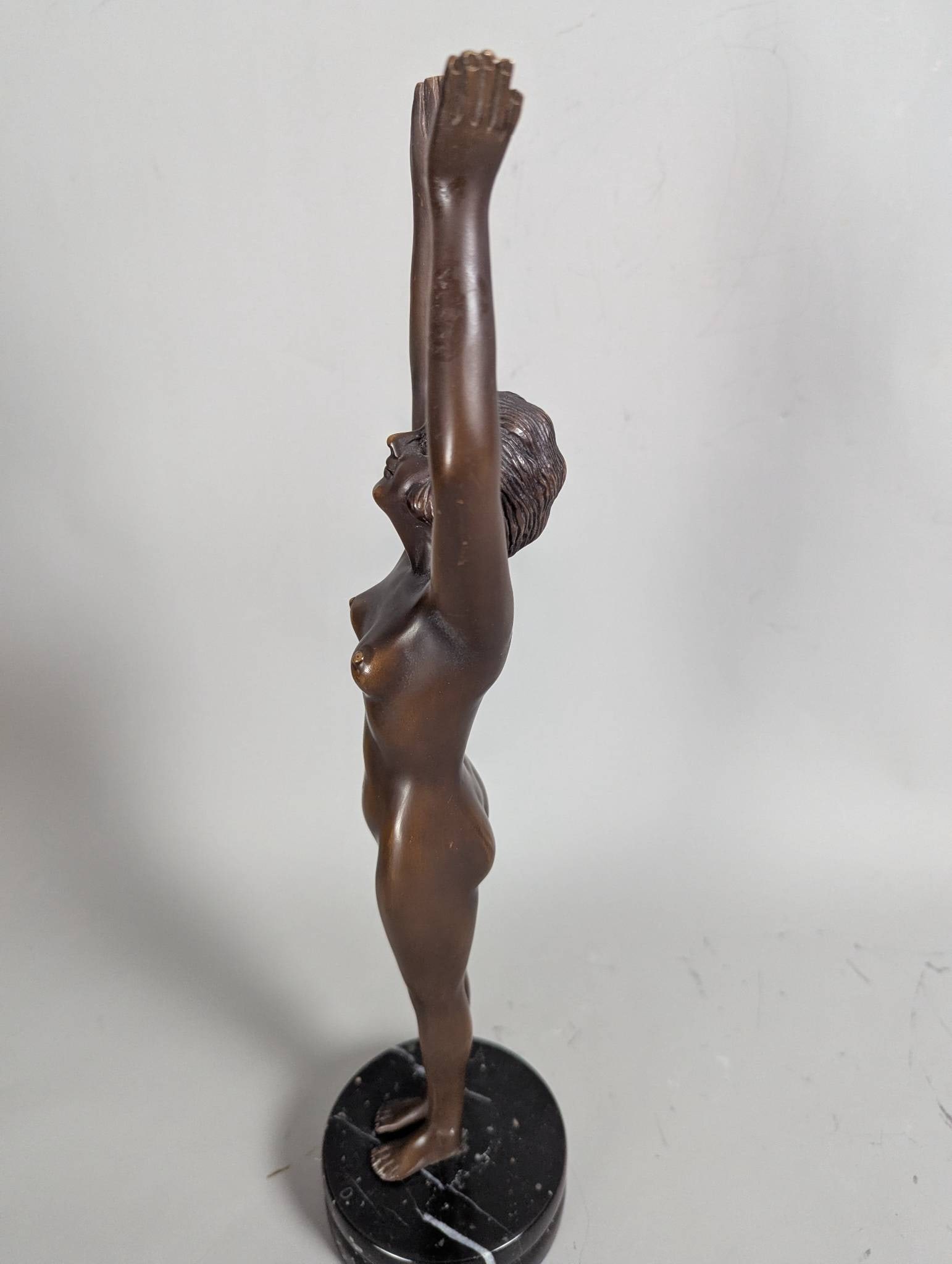 Bronze Sculpture of Nude Woman with Outstretched Arms on Black Marble Base - 4