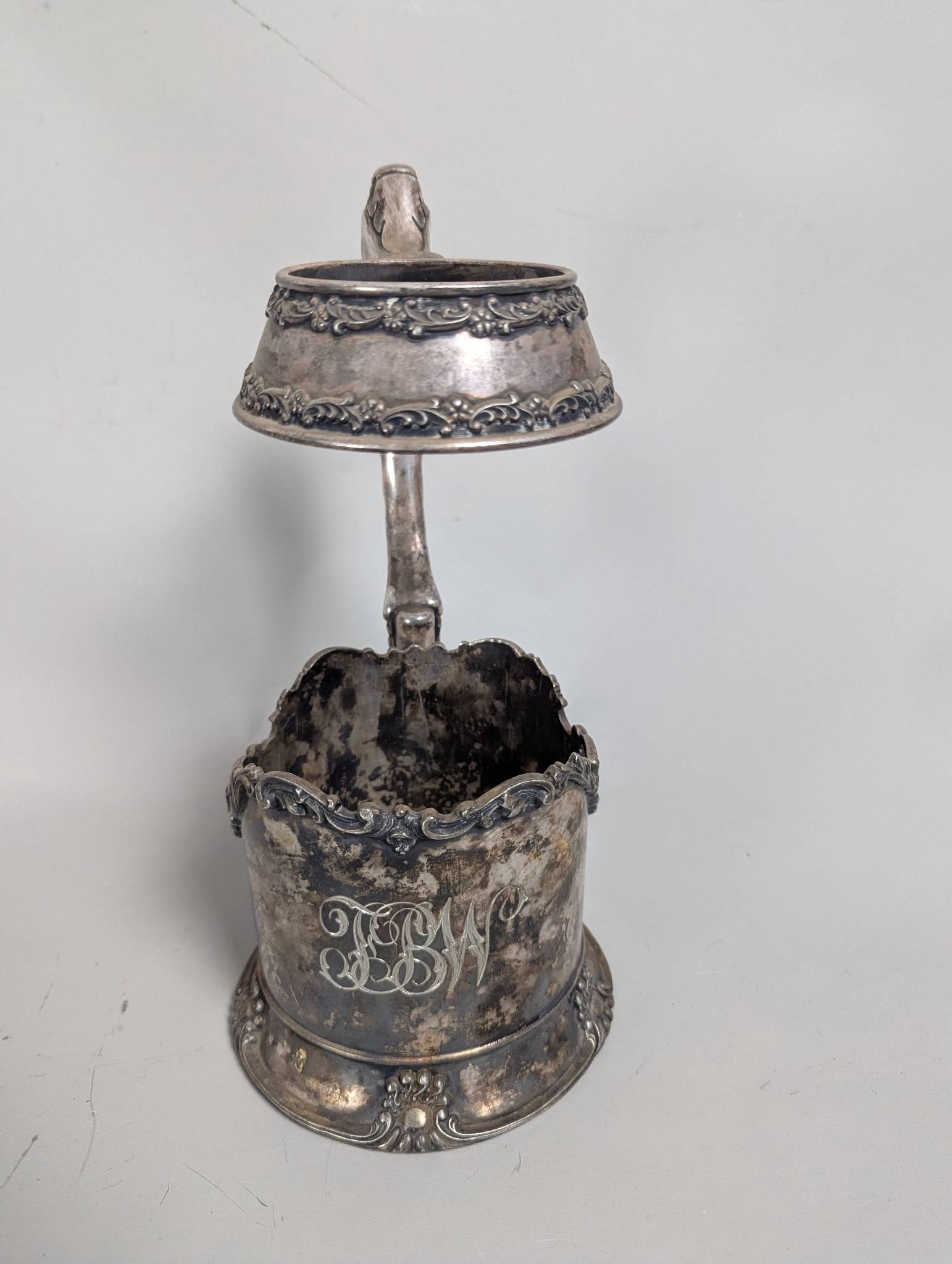 Silver-Plated Beer Stein Holder With Ornate Handle and Monogram - 2