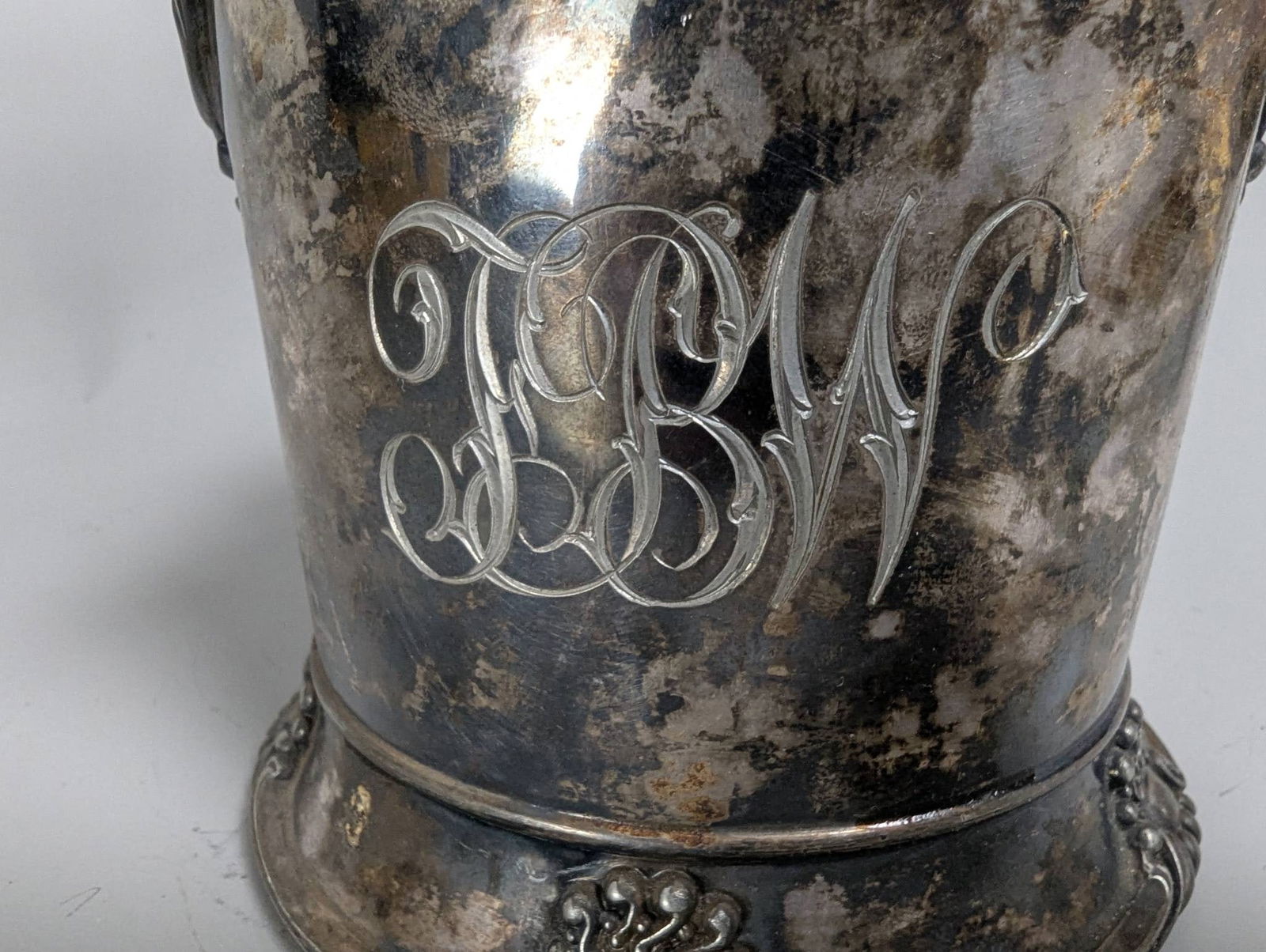 Silver-Plated Beer Stein Holder With Ornate Handle and Monogram - 4