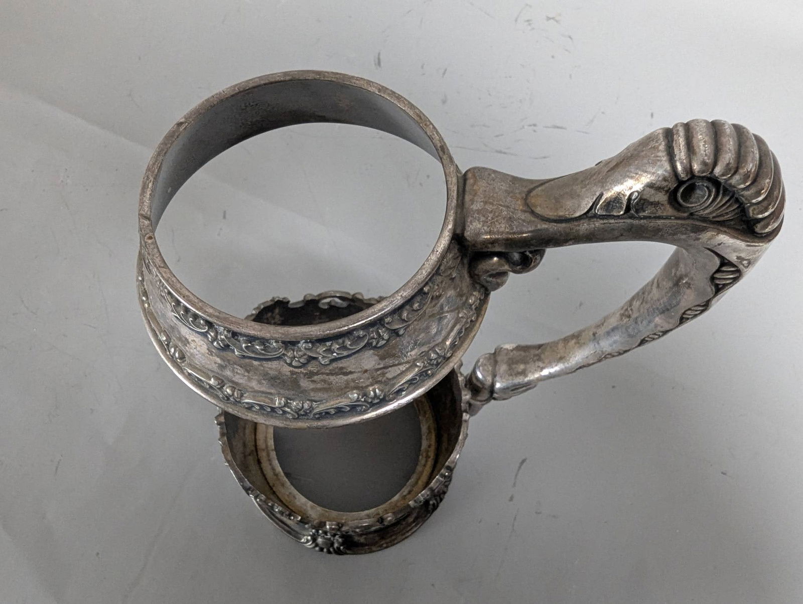 Silver-Plated Beer Stein Holder With Ornate Handle and Monogram - 5