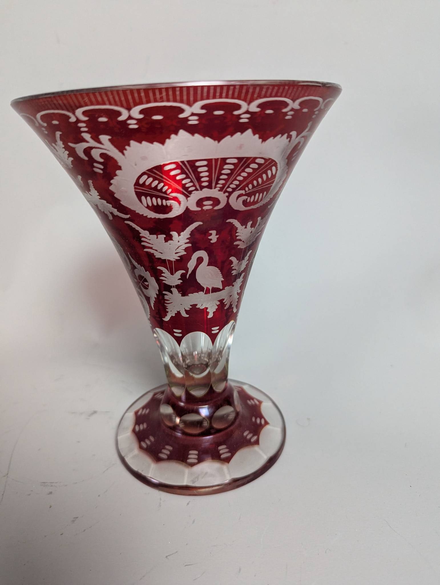 Vintage Bohemian Ruby Cut-to-Clear Glass Vase with Ornate Designs - 4