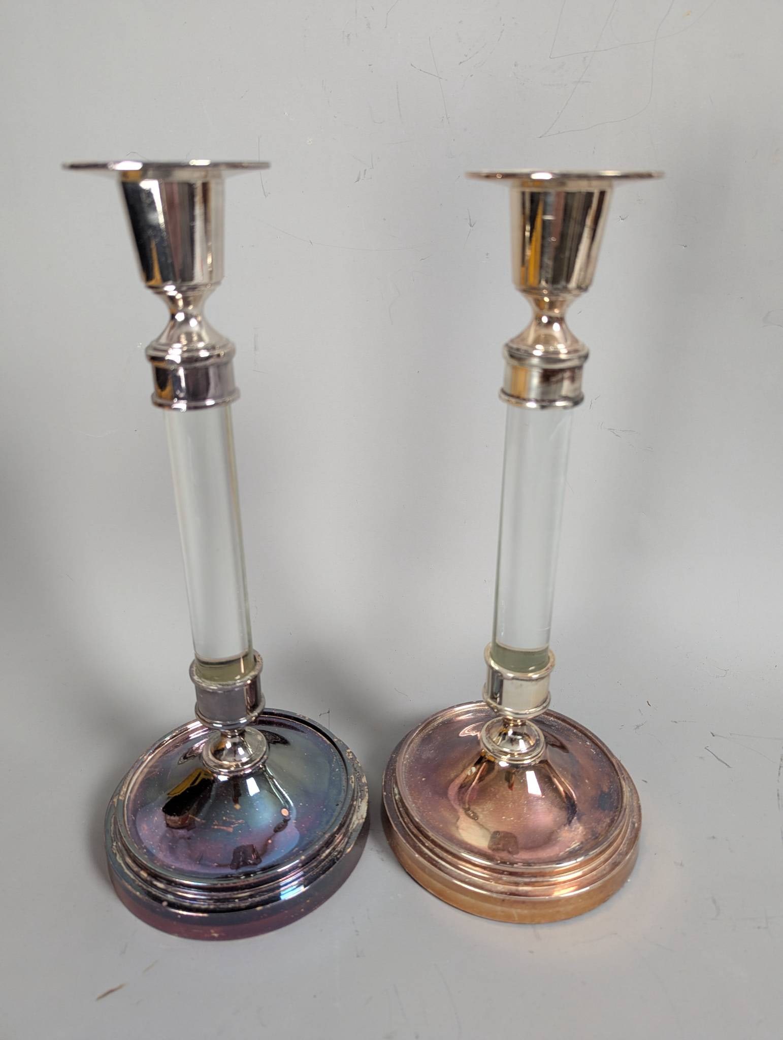 Retired Restoration Hardware Silver-Plated and Lucite Taper Candle Holders: **Important** Please read below description on how to avoid high shipping costs. Retired taper candle holders from Restoration Hardware, featuring a silver-plated finish combined with a lucite stem.