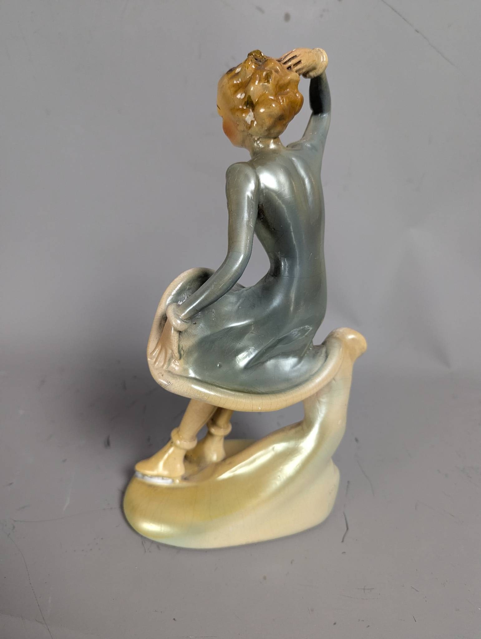 Plaster Art Deco Flapper Girl Figurine with Hand on Head and Raised Dress - 2