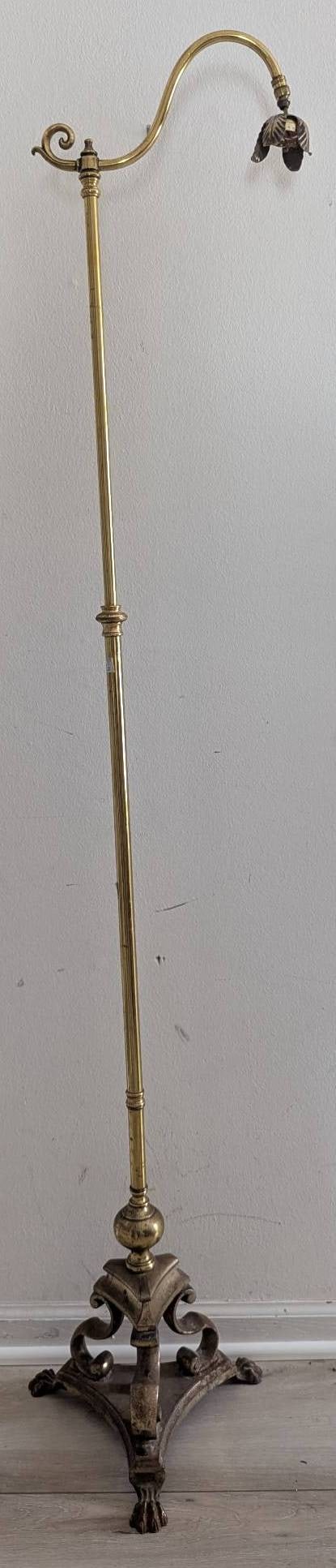 Brass Bridge Floor Lamp with Gooseneck Arm and Ornate Base: **Important** Please read below description on how to avoid high shipping costs. Vintage brass bridge floor lamp featuring a gooseneck arm and decorative base. Likely dating from the early 20th centur