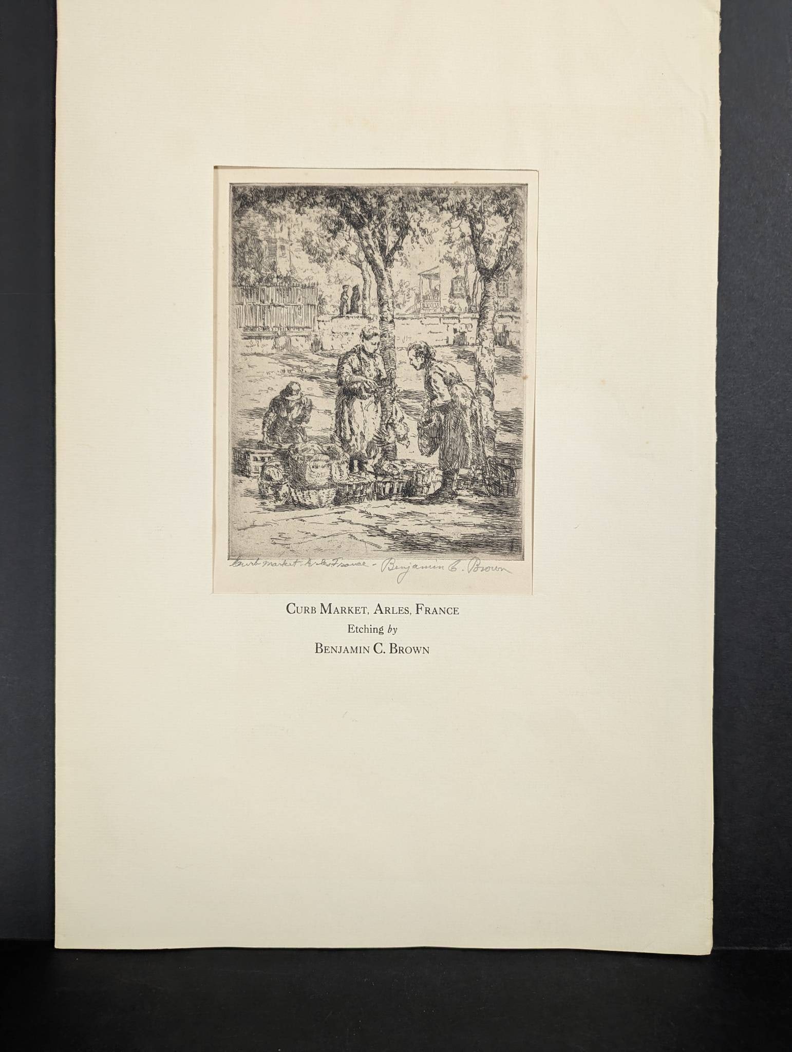 Etching of Curb Market Arles France by Benjamin C Brown: **Important** Please read below description on how to avoid high shipping costs. Etching titled Curb Market Arles France by Benjamin C Brown, a noted American artist born in 1865 and considered a