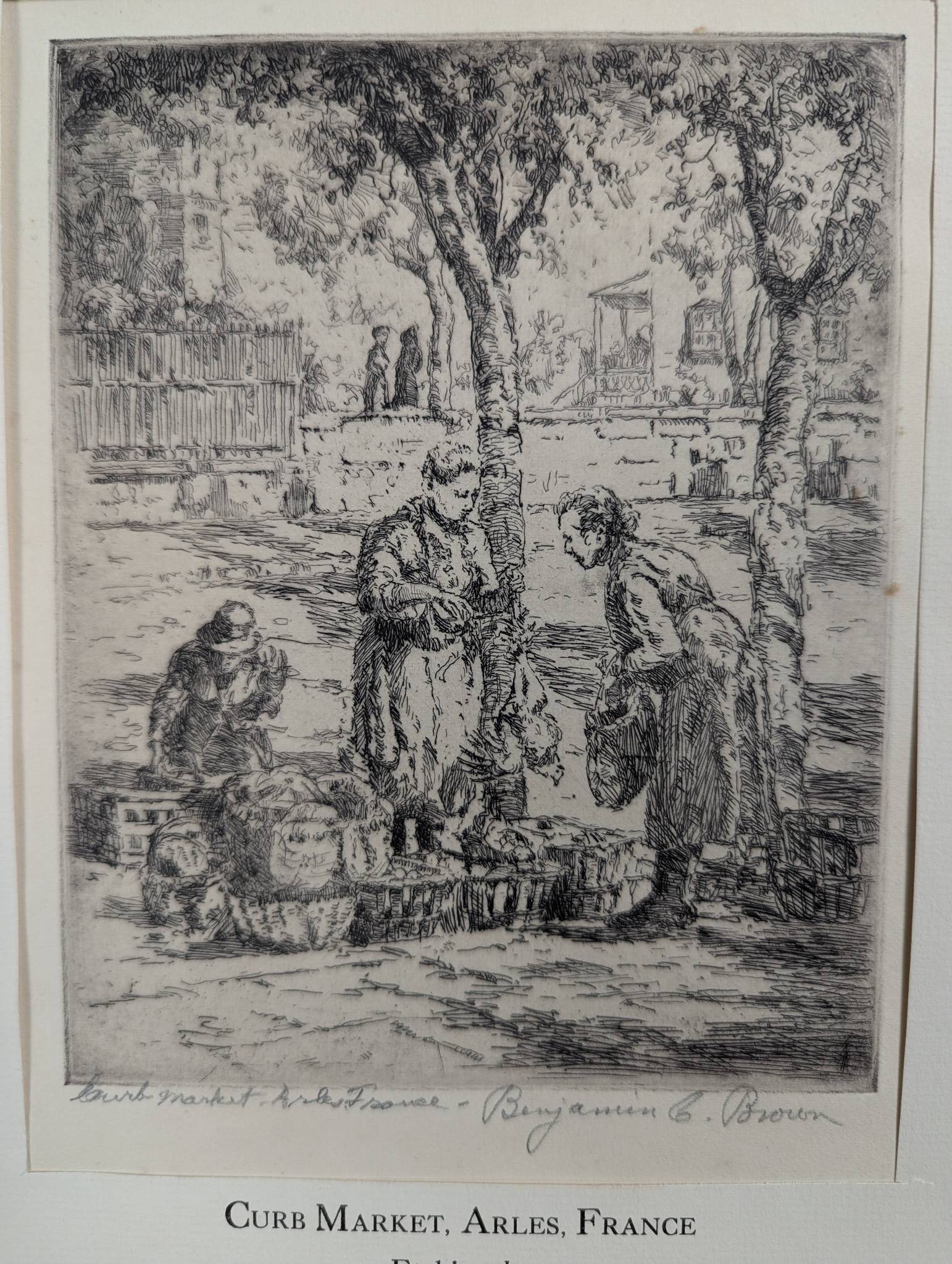 Etching of Curb Market Arles France by Benjamin C Brown - 2