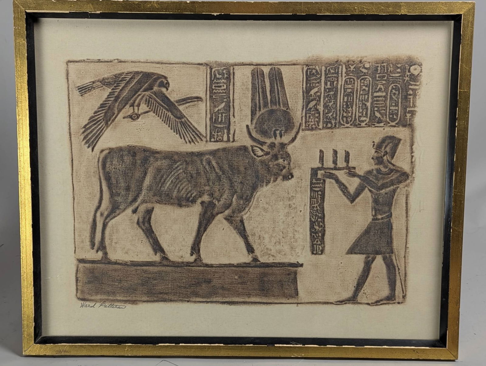 Depiction of Apis Bull in Ancient Egyptian Style by Ward Patterson: **Important** Please read below description on how to avoid high shipping costs. Artwork by Ward Patterson featuring a depiction of the Apis Bull, a significant figure in Ancient Egyptian religious